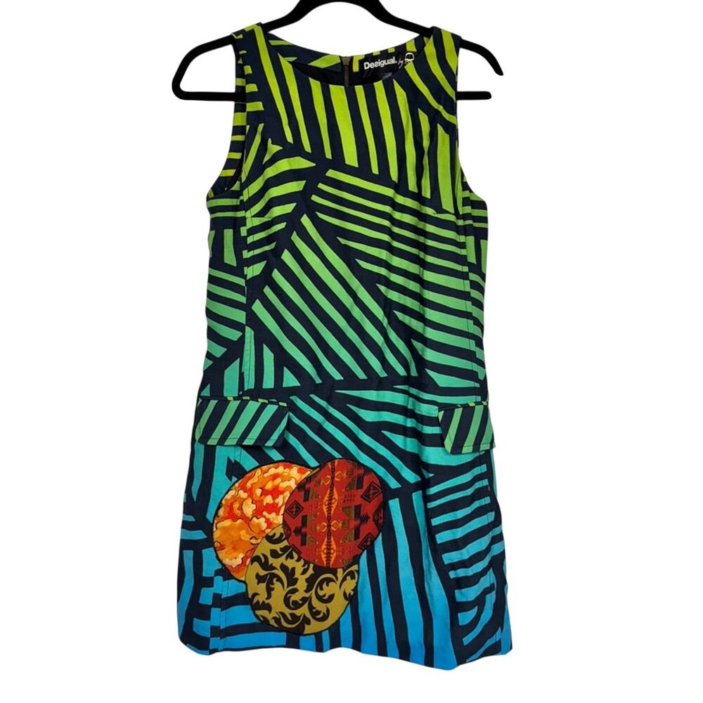 Desigual Blue Green Striped Mini Sheath Dress Womens 8 Sleeveless Artsy Cotton